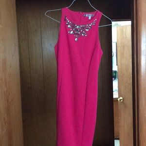 Hot pink dress with beaded design at top